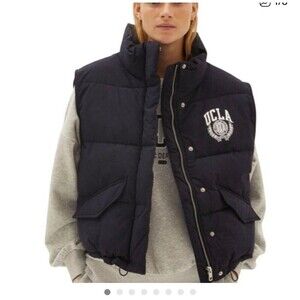 H&M UCLA Puffer Vest Size Large  Snap Front Mock Neck Navy Blue Winter Outerwear